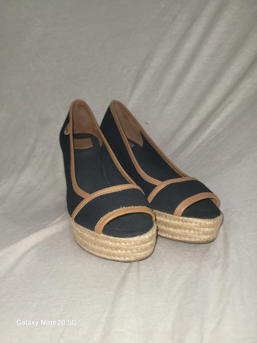 Tory Burch Black Tan Canvas Espadrille Wedge Sandals EUC 6.5